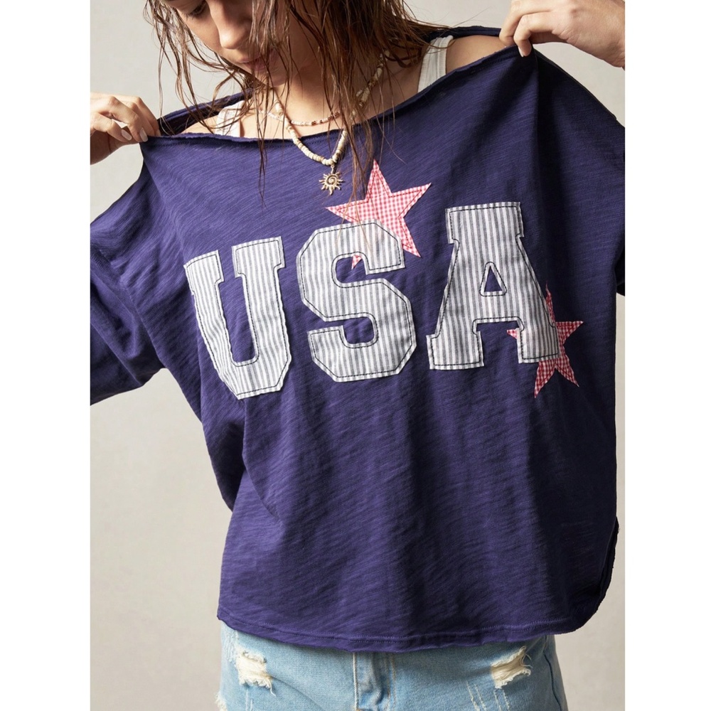 100% Cotton USA Navy Blue Oversized Boat Cut Neck Tee Shirt - Picture 6 of 8